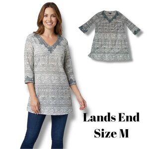 Lands End Tunic Top Embroidered Paisley Grey Cotton Swim Cover Up L 3/4 SLV Boho